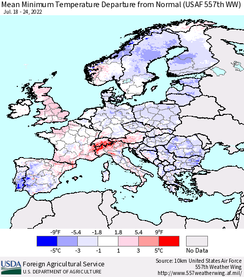 Europe Mean Minimum Temperature Departure from Normal (USAF 557th WW) Thematic Map For 7/18/2022 - 7/24/2022