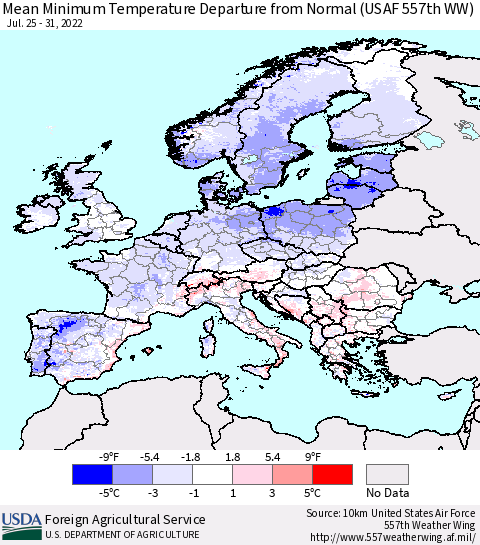Europe Mean Minimum Temperature Departure from Normal (USAF 557th WW) Thematic Map For 7/25/2022 - 7/31/2022