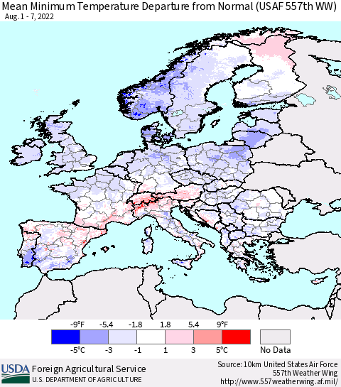 Europe Mean Minimum Temperature Departure from Normal (USAF 557th WW) Thematic Map For 8/1/2022 - 8/7/2022