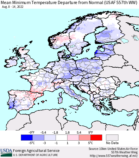 Europe Mean Minimum Temperature Departure from Normal (USAF 557th WW) Thematic Map For 8/8/2022 - 8/14/2022