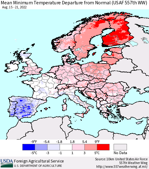 Europe Mean Minimum Temperature Departure from Normal (USAF 557th WW) Thematic Map For 8/15/2022 - 8/21/2022