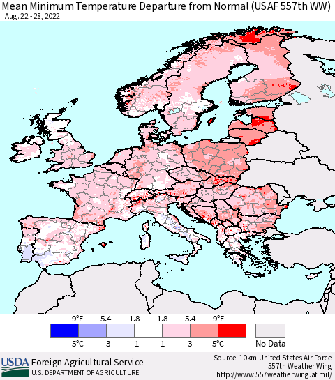 Europe Mean Minimum Temperature Departure from Normal (USAF 557th WW) Thematic Map For 8/22/2022 - 8/28/2022