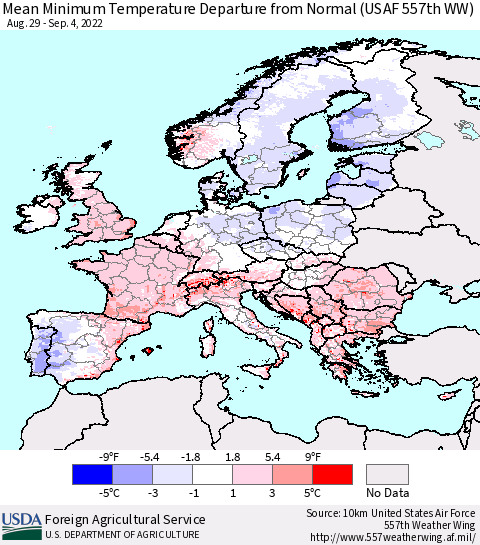 Europe Mean Minimum Temperature Departure from Normal (USAF 557th WW) Thematic Map For 8/29/2022 - 9/4/2022