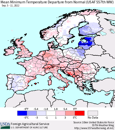 Europe Mean Minimum Temperature Departure from Normal (USAF 557th WW) Thematic Map For 9/5/2022 - 9/11/2022