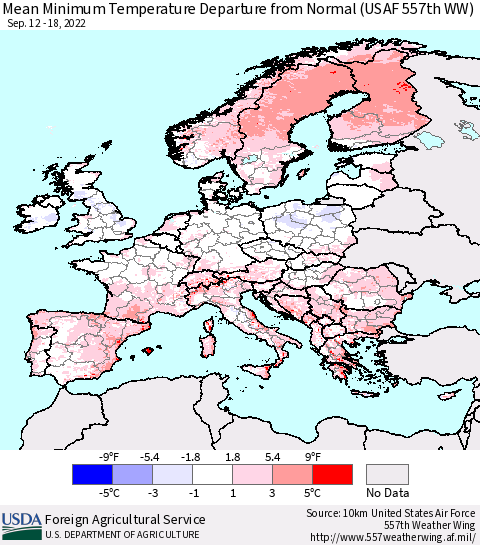 Europe Mean Minimum Temperature Departure from Normal (USAF 557th WW) Thematic Map For 9/12/2022 - 9/18/2022