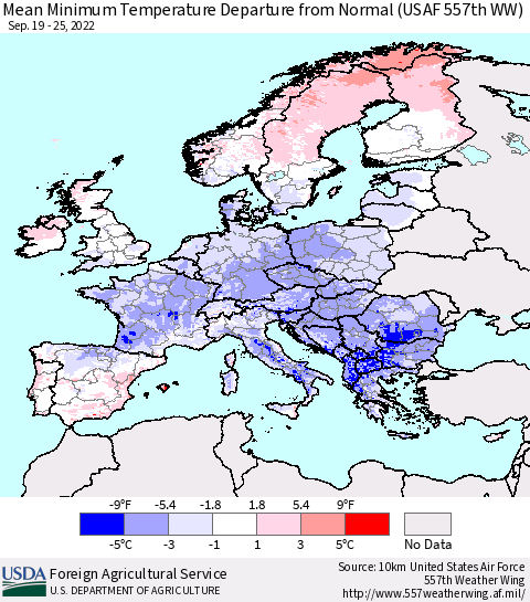 Europe Mean Minimum Temperature Departure from Normal (USAF 557th WW) Thematic Map For 9/19/2022 - 9/25/2022
