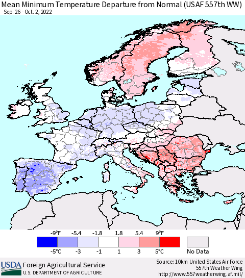 Europe Mean Minimum Temperature Departure from Normal (USAF 557th WW) Thematic Map For 9/26/2022 - 10/2/2022