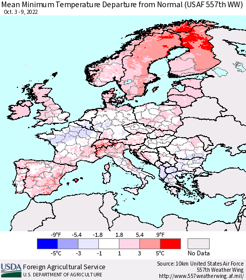 Europe Mean Minimum Temperature Departure from Normal (USAF 557th WW) Thematic Map For 10/3/2022 - 10/9/2022
