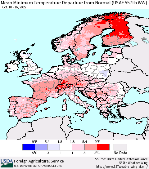 Europe Mean Minimum Temperature Departure from Normal (USAF 557th WW) Thematic Map For 10/10/2022 - 10/16/2022