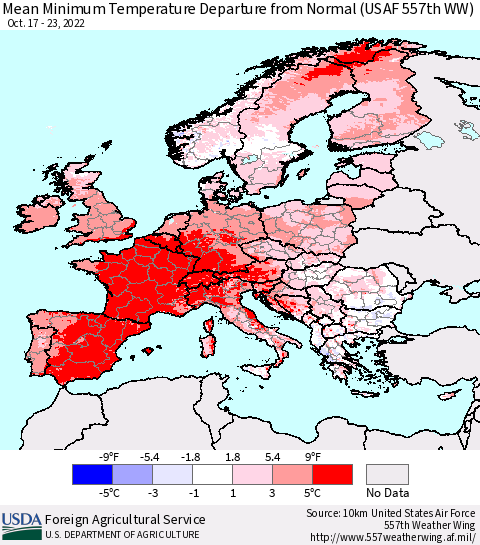 Europe Mean Minimum Temperature Departure from Normal (USAF 557th WW) Thematic Map For 10/17/2022 - 10/23/2022