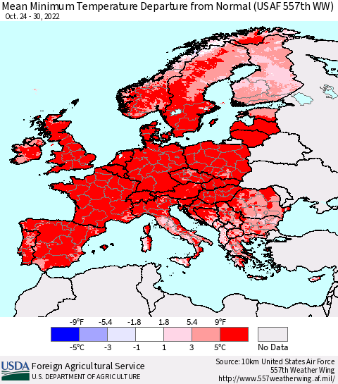 Europe Mean Minimum Temperature Departure from Normal (USAF 557th WW) Thematic Map For 10/24/2022 - 10/30/2022
