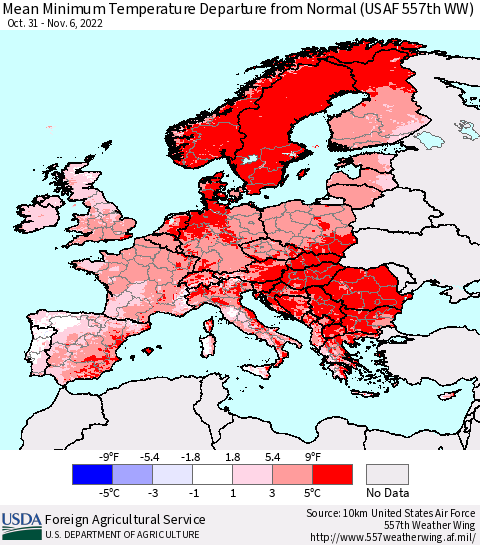 Europe Mean Minimum Temperature Departure from Normal (USAF 557th WW) Thematic Map For 10/31/2022 - 11/6/2022
