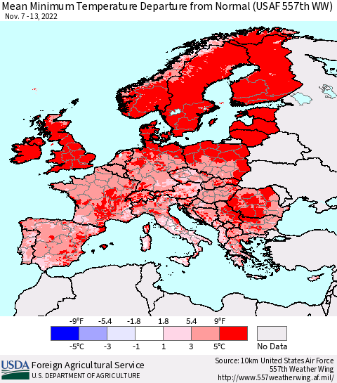 Europe Mean Minimum Temperature Departure from Normal (USAF 557th WW) Thematic Map For 11/7/2022 - 11/13/2022