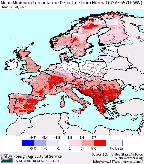 Europe Mean Minimum Temperature Departure from Normal (USAF 557th WW) Thematic Map For 11/14/2022 - 11/20/2022