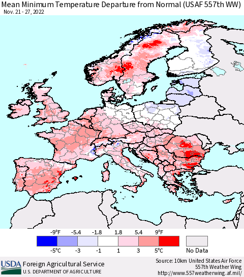 Europe Mean Minimum Temperature Departure from Normal (USAF 557th WW) Thematic Map For 11/21/2022 - 11/27/2022