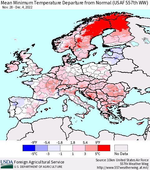Europe Mean Minimum Temperature Departure from Normal (USAF 557th WW) Thematic Map For 11/28/2022 - 12/4/2022
