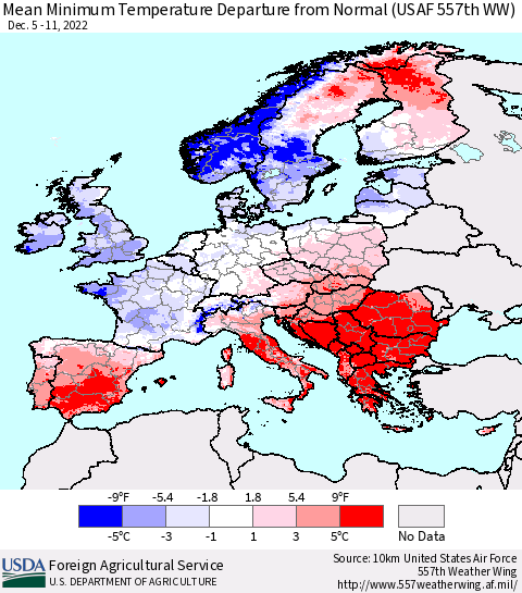 Europe Mean Minimum Temperature Departure from Normal (USAF 557th WW) Thematic Map For 12/5/2022 - 12/11/2022