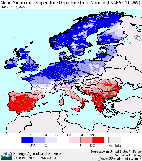 Europe Mean Minimum Temperature Departure from Normal (USAF 557th WW) Thematic Map For 12/12/2022 - 12/18/2022