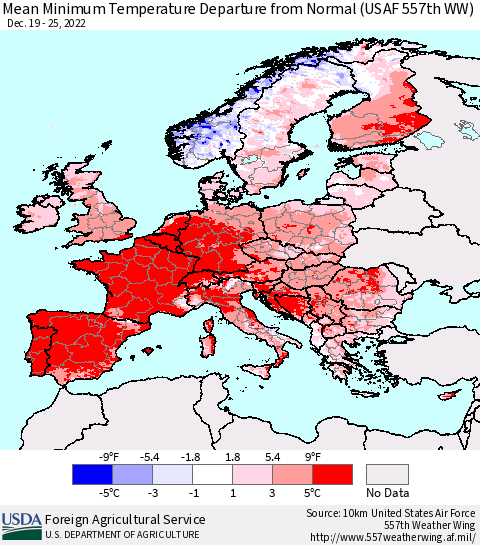 Europe Mean Minimum Temperature Departure from Normal (USAF 557th WW) Thematic Map For 12/19/2022 - 12/25/2022