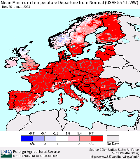 Europe Mean Minimum Temperature Departure from Normal (USAF 557th WW) Thematic Map For 12/26/2022 - 1/1/2023