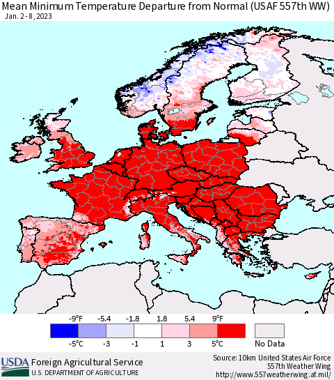 Europe Mean Minimum Temperature Departure from Normal (USAF 557th WW) Thematic Map For 1/2/2023 - 1/8/2023