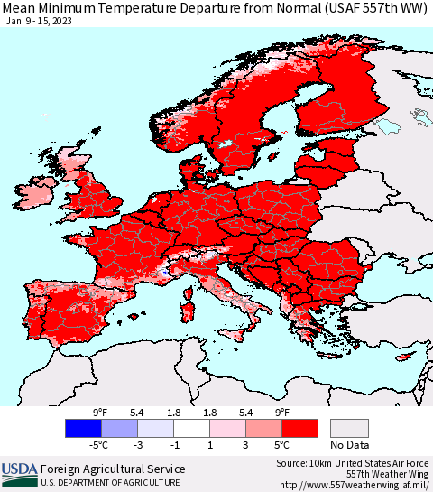 Europe Mean Minimum Temperature Departure from Normal (USAF 557th WW) Thematic Map For 1/9/2023 - 1/15/2023