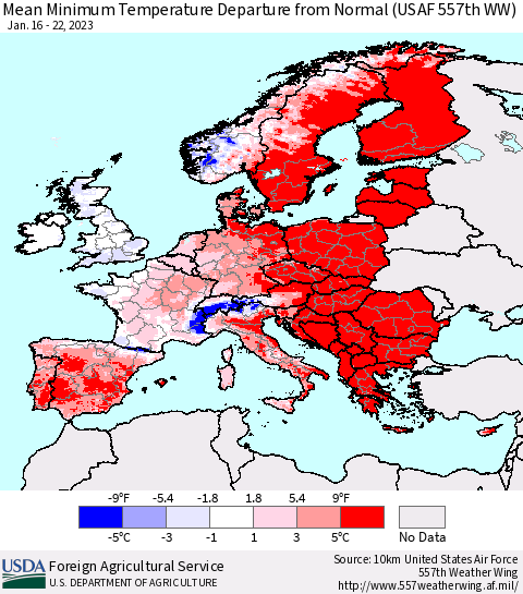Europe Mean Minimum Temperature Departure from Normal (USAF 557th WW) Thematic Map For 1/16/2023 - 1/22/2023