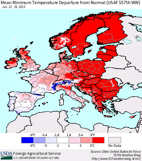 Europe Mean Minimum Temperature Departure from Normal (USAF 557th WW) Thematic Map For 1/23/2023 - 1/29/2023