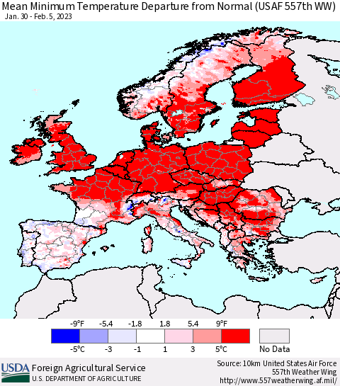 Europe Mean Minimum Temperature Departure from Normal (USAF 557th WW) Thematic Map For 1/30/2023 - 2/5/2023