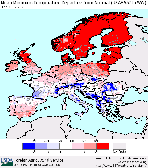 Europe Mean Minimum Temperature Departure from Normal (USAF 557th WW) Thematic Map For 2/6/2023 - 2/12/2023