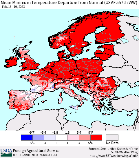 Europe Mean Minimum Temperature Departure from Normal (USAF 557th WW) Thematic Map For 2/13/2023 - 2/19/2023