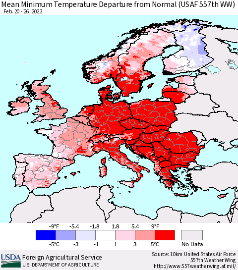 Europe Mean Minimum Temperature Departure from Normal (USAF 557th WW) Thematic Map For 2/20/2023 - 2/26/2023