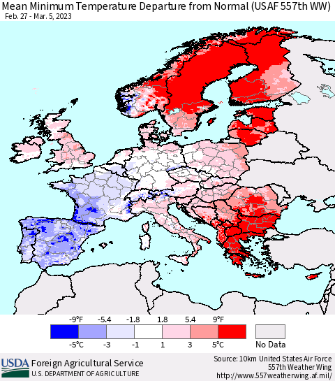 Europe Mean Minimum Temperature Departure from Normal (USAF 557th WW) Thematic Map For 2/27/2023 - 3/5/2023