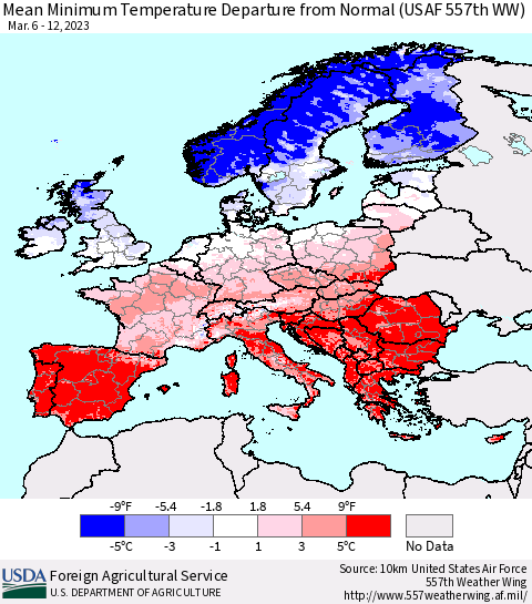 Europe Mean Minimum Temperature Departure from Normal (USAF 557th WW) Thematic Map For 3/6/2023 - 3/12/2023