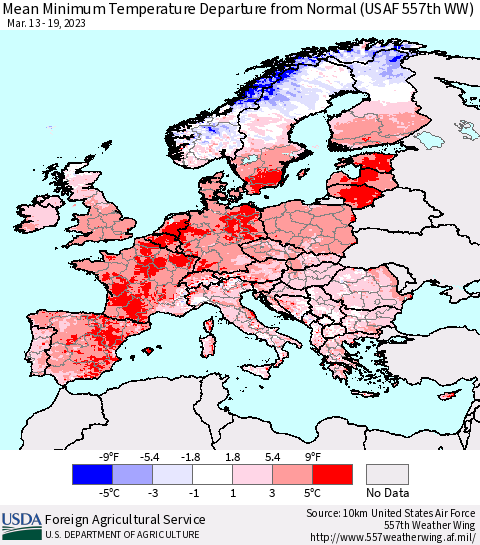 Europe Mean Minimum Temperature Departure from Normal (USAF 557th WW) Thematic Map For 3/13/2023 - 3/19/2023