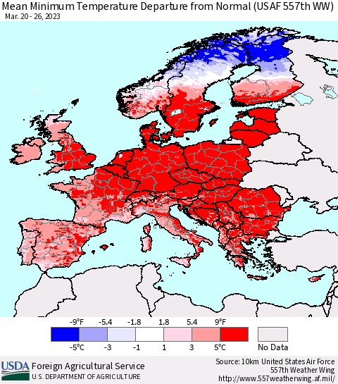 Europe Mean Minimum Temperature Departure from Normal (USAF 557th WW) Thematic Map For 3/20/2023 - 3/26/2023