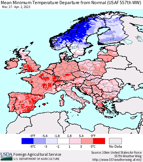 Europe Mean Minimum Temperature Departure from Normal (USAF 557th WW) Thematic Map For 3/27/2023 - 4/2/2023