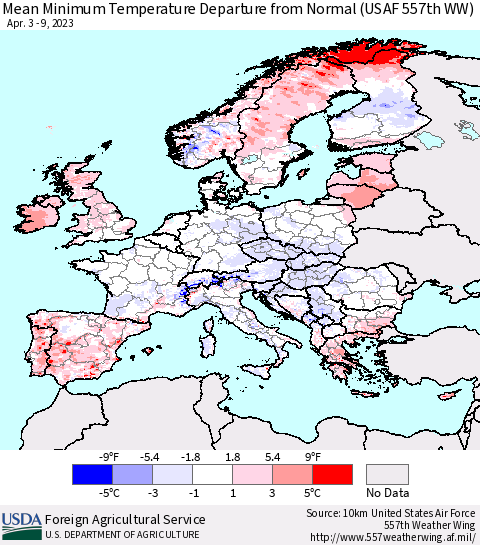 Europe Mean Minimum Temperature Departure from Normal (USAF 557th WW) Thematic Map For 4/3/2023 - 4/9/2023