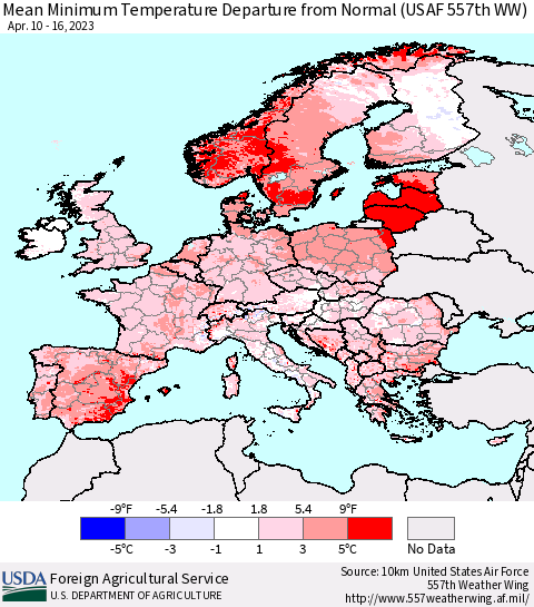 Europe Mean Minimum Temperature Departure from Normal (USAF 557th WW) Thematic Map For 4/10/2023 - 4/16/2023