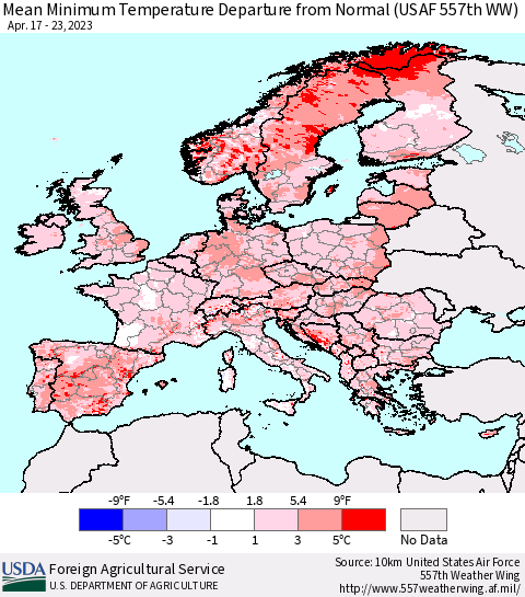Europe Mean Minimum Temperature Departure from Normal (USAF 557th WW) Thematic Map For 4/17/2023 - 4/23/2023
