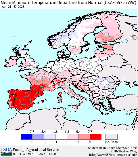 Europe Mean Minimum Temperature Departure from Normal (USAF 557th WW) Thematic Map For 4/24/2023 - 4/30/2023