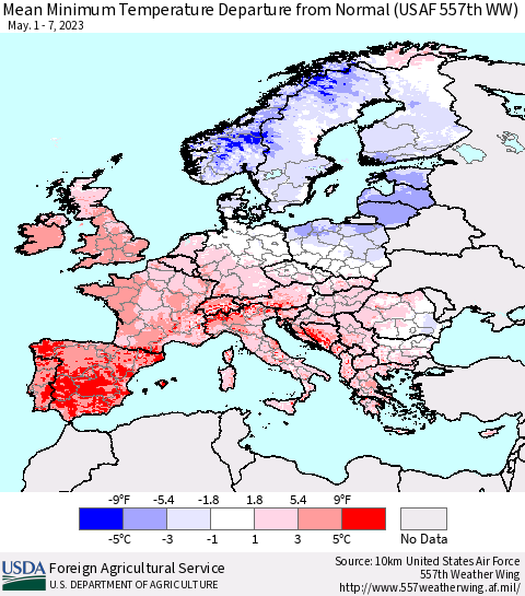 Europe Mean Minimum Temperature Departure from Normal (USAF 557th WW) Thematic Map For 5/1/2023 - 5/7/2023