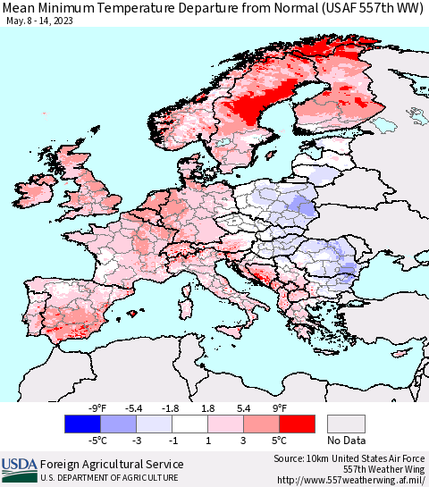 Europe Mean Minimum Temperature Departure from Normal (USAF 557th WW) Thematic Map For 5/8/2023 - 5/14/2023