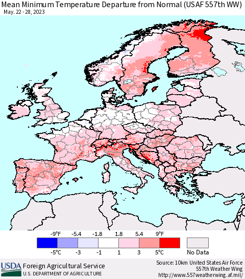 Europe Mean Minimum Temperature Departure from Normal (USAF 557th WW) Thematic Map For 5/22/2023 - 5/28/2023