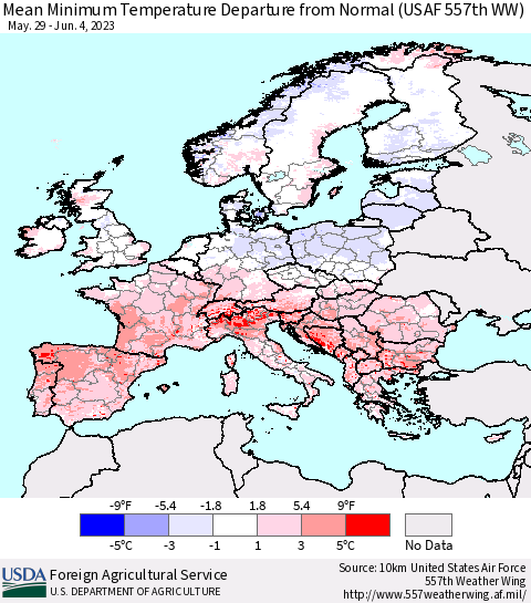 Europe Mean Minimum Temperature Departure from Normal (USAF 557th WW) Thematic Map For 5/29/2023 - 6/4/2023