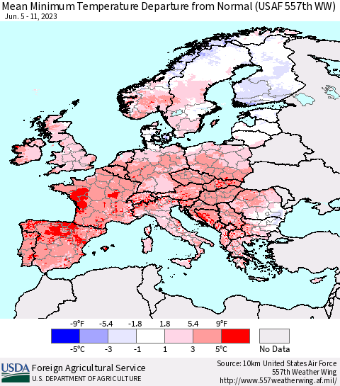 Europe Mean Minimum Temperature Departure from Normal (USAF 557th WW) Thematic Map For 6/5/2023 - 6/11/2023