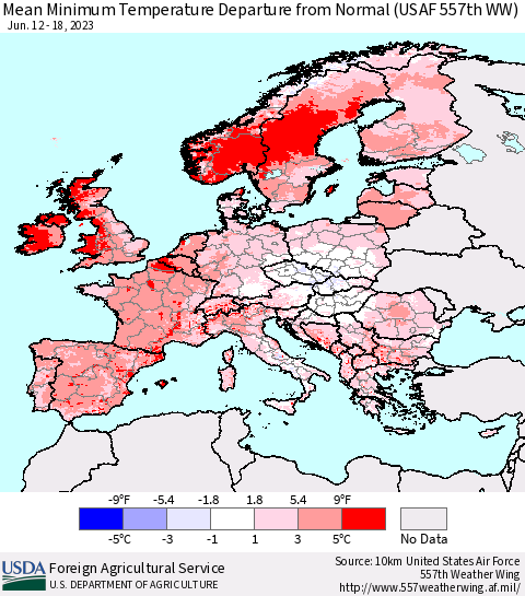 Europe Mean Minimum Temperature Departure from Normal (USAF 557th WW) Thematic Map For 6/12/2023 - 6/18/2023