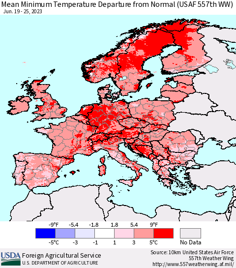 Europe Mean Minimum Temperature Departure from Normal (USAF 557th WW) Thematic Map For 6/19/2023 - 6/25/2023