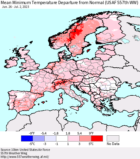 Europe Mean Minimum Temperature Departure from Normal (USAF 557th WW) Thematic Map For 6/26/2023 - 7/2/2023