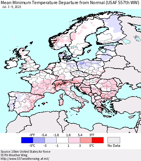 Europe Mean Minimum Temperature Departure from Normal (USAF 557th WW) Thematic Map For 7/3/2023 - 7/9/2023